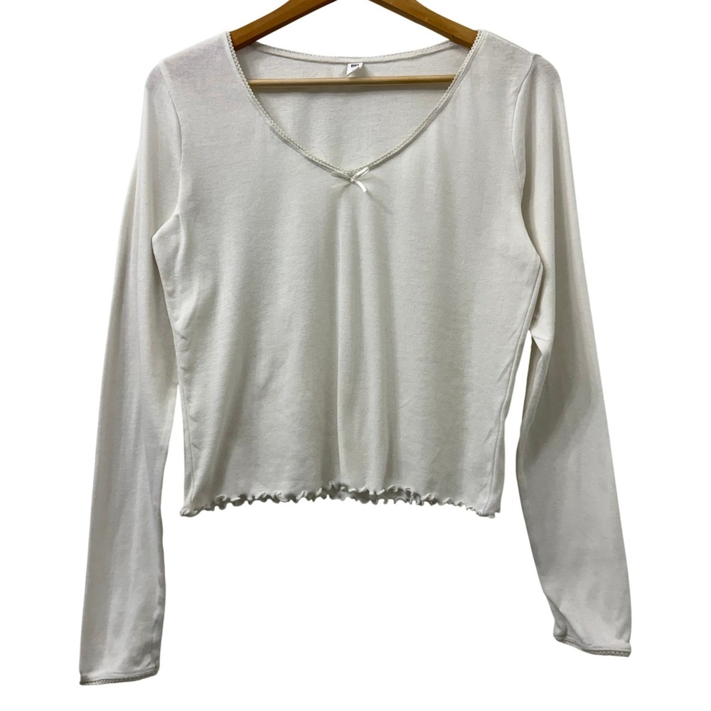 BP L Top White Coquette Balletcore Fairy Lace Bow Ribbon Lettuce Hem Long Sleeve